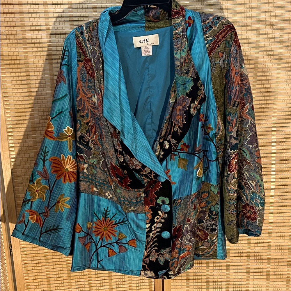 Anu by Natural Colorful Embroidered Silk Tapestry Jacket size XL